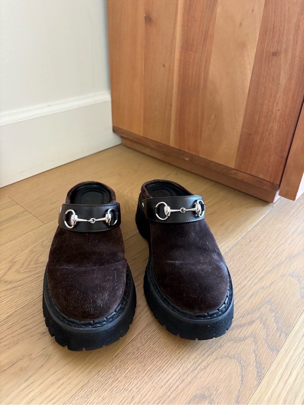 Gucci Women’s Brown Suede Slip-On Loafers with Silver Bit Detail